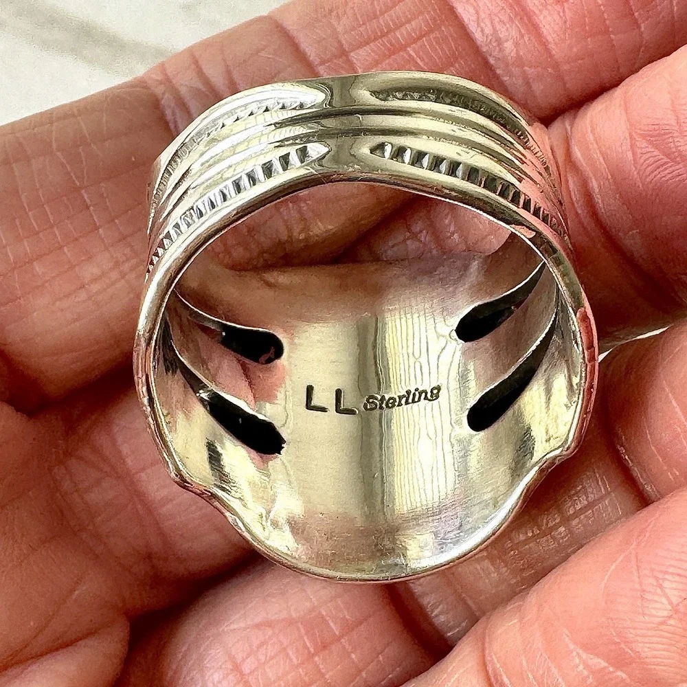 BIG Navajo Mens Turquoise Ring Sz 14 Wide Band Signed Lee Sterling Native Amer